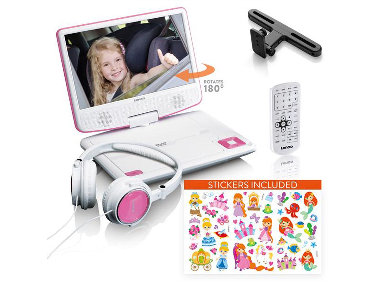 Lenco DVP-920 draagbare roze DVD-speler, 9" scherm, USB, CD, MP3