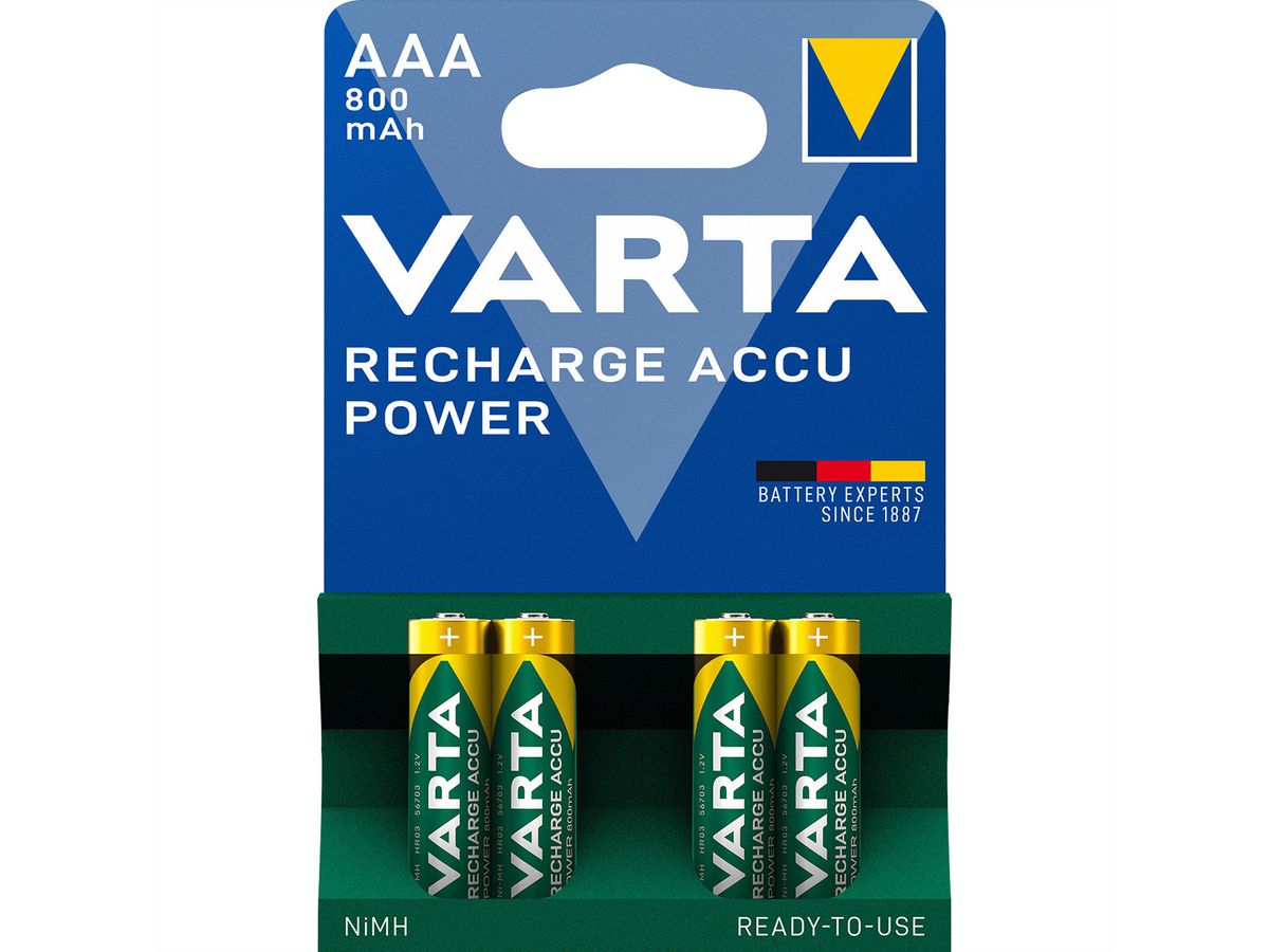 VARTA oplaadbare NiMH-batterij Micro, AAA, HR03, 4, 1,2V, 800mAh, Voorgeladen, onmiddellijk klaar voor gebruik, lange levensduur