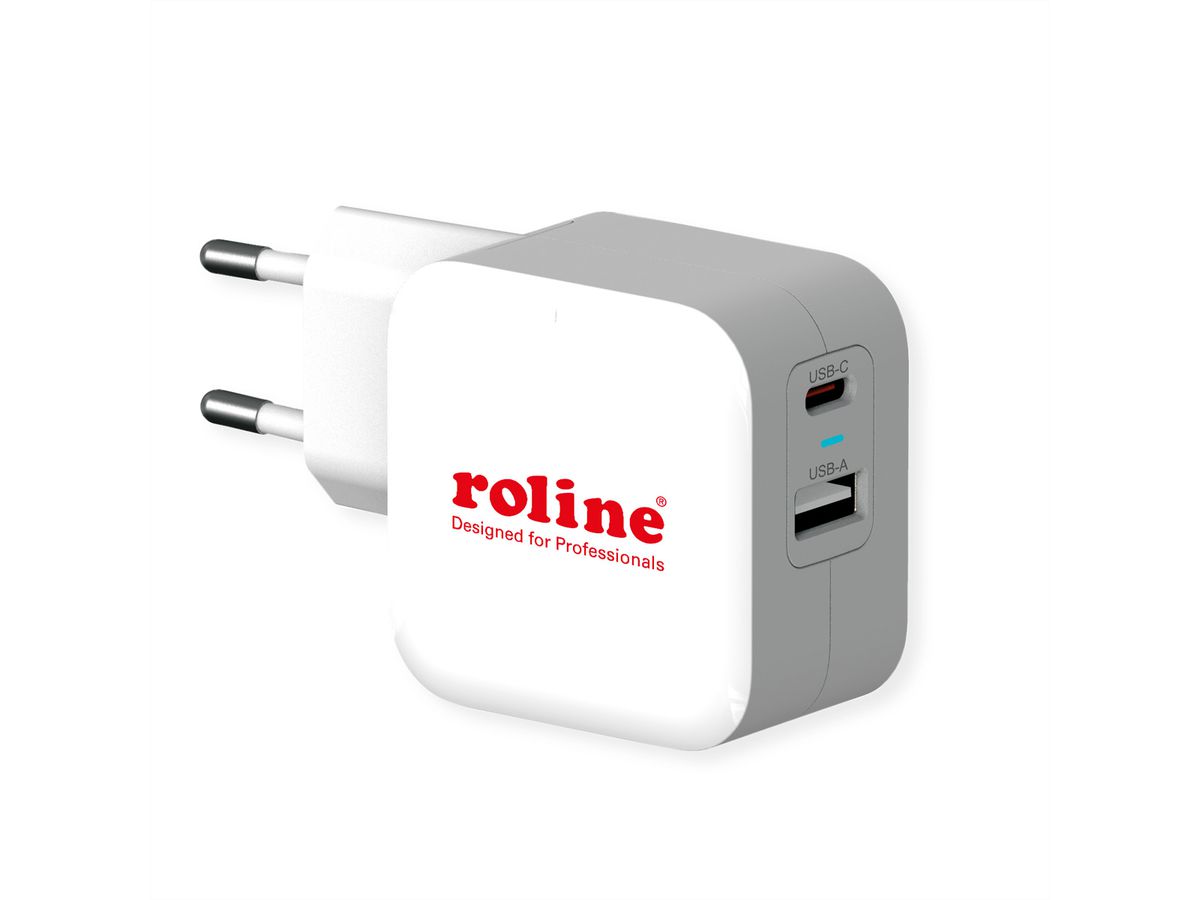 ROLINE USB Wall Charger Euro Plug, 2 Ports, 1x QC3.0 A + 1x C (PD), 38W