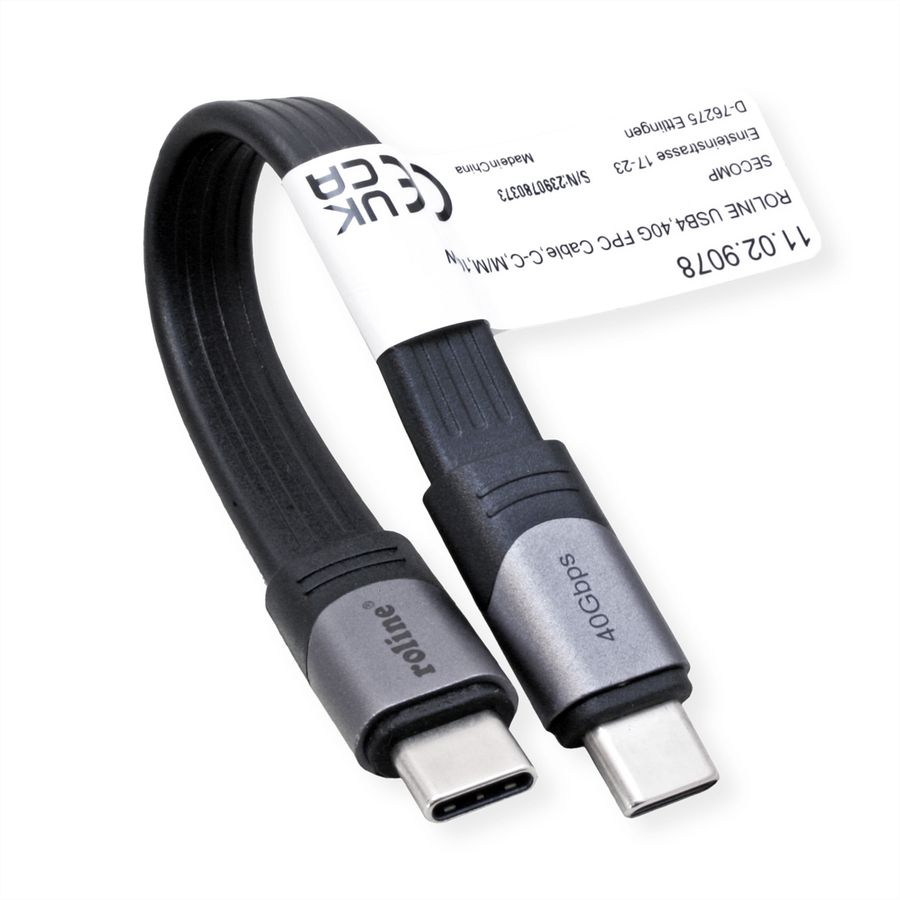 ROLINE USB4 Gen3x2 kabel, C-C, M/M, 8K UHD-2, 40Gbit/s, 100W, extra plat, zwart, 15 cm