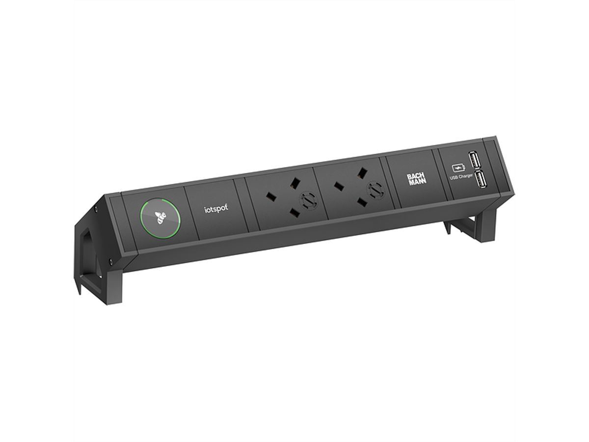 BACHMANN DESK2 iotspot 2xUK USB Oplader, 0,2m GST18, RAL9005 Verenigd Koninkrijk