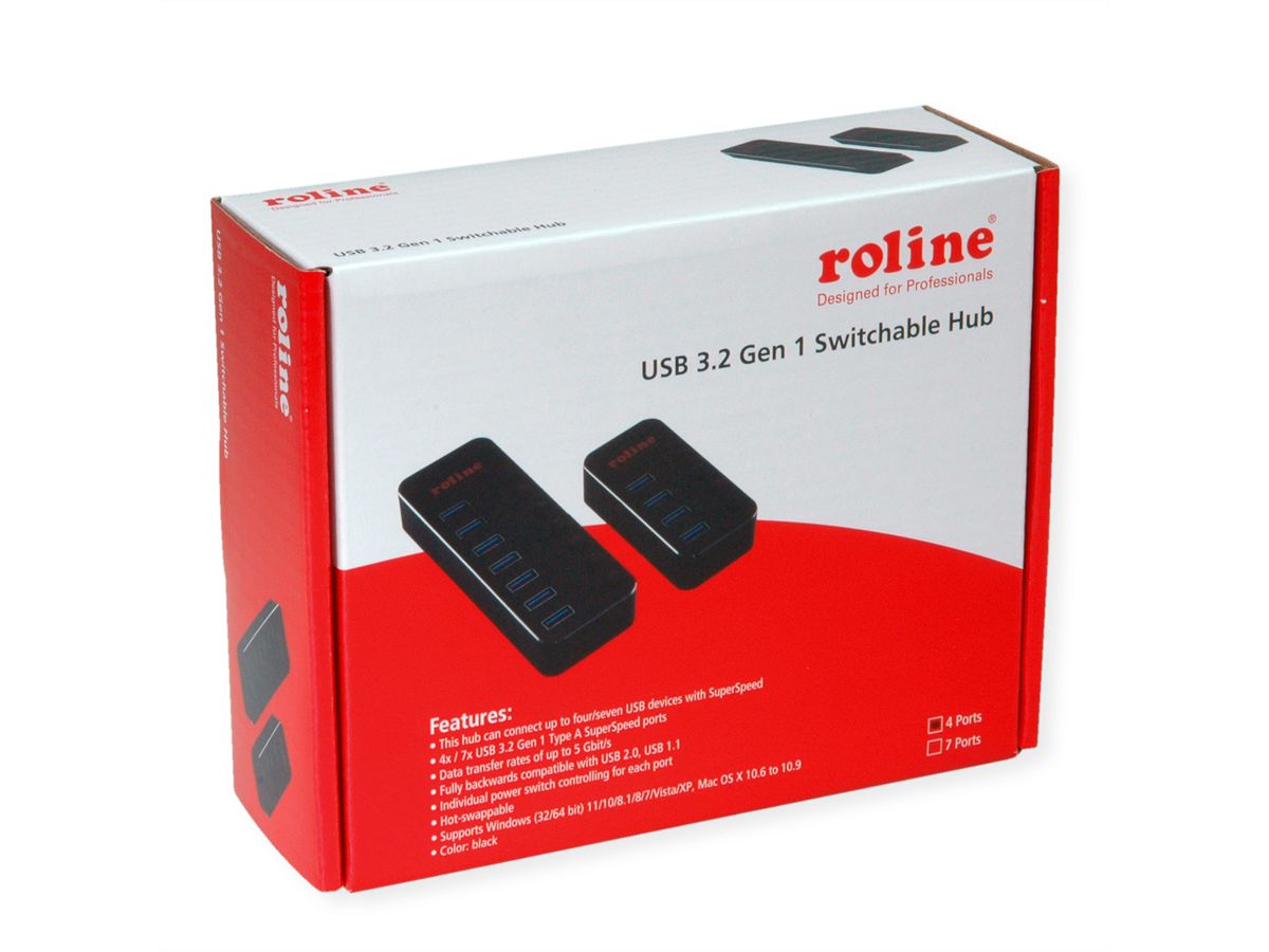 ROLINE USB 3.2 Gen 1 notebook hub, 4 poorten, individueel schakelbaar, zwart