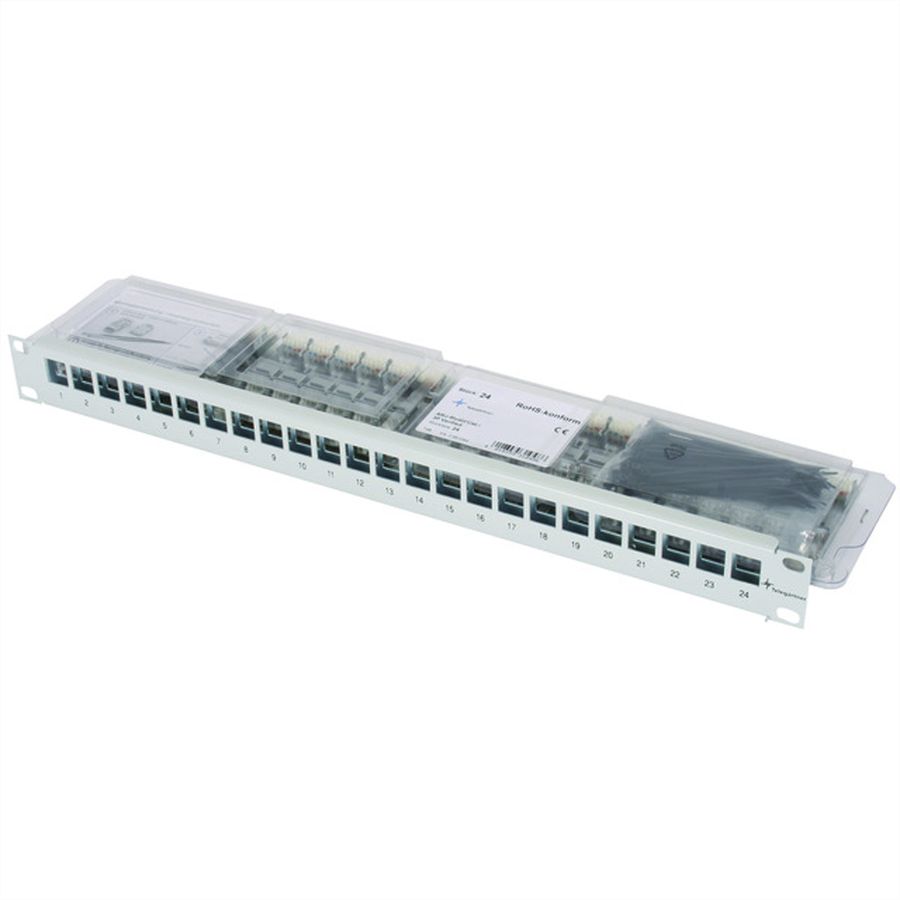 19" Modulair patchpaneel 1 HE, met 24 AMJ-S modules Cat. 6A (klasse EA) (ISO/IEC), grijs