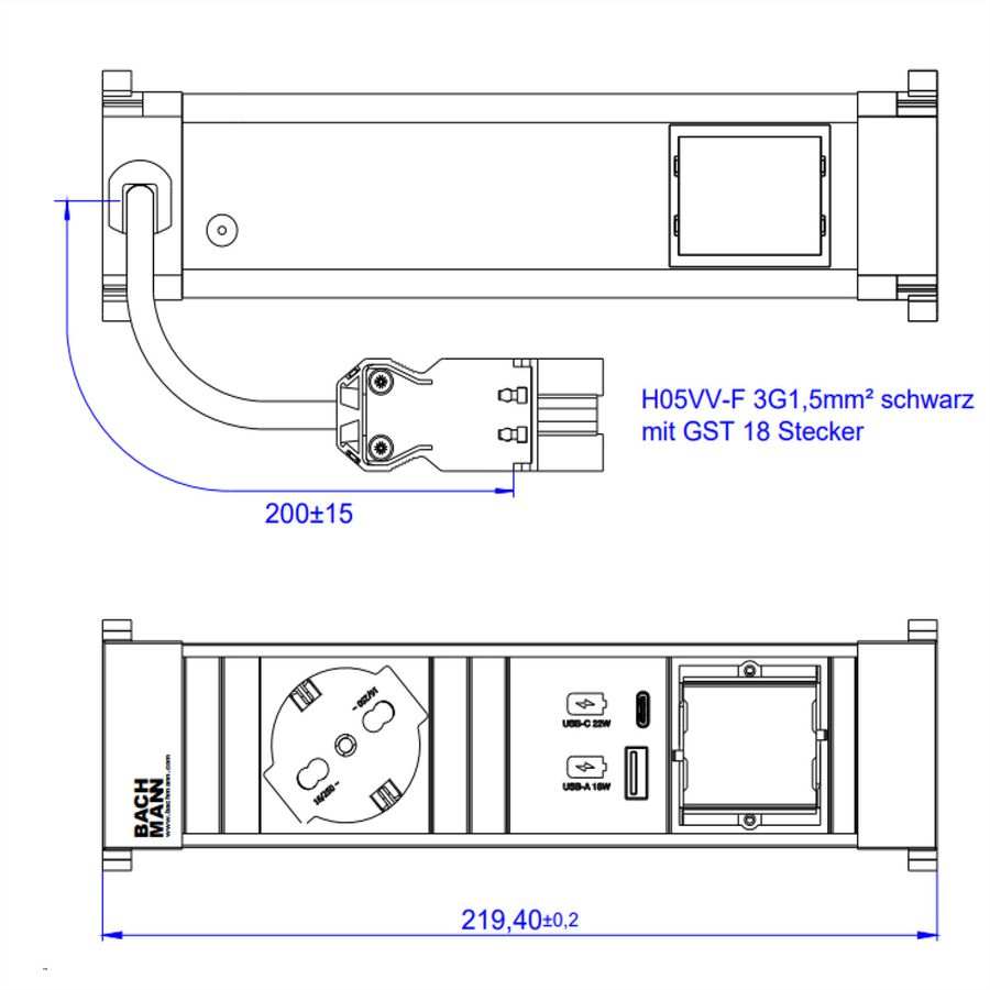 BACHMANN POWER FRAME S 1xP40 USB A&C 22W, 1xCM 0.2m GST18 Italia