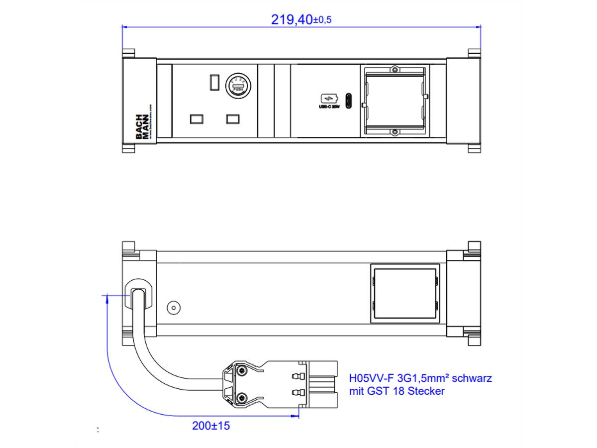 BACHMANN POWER FRAME S 1xUK 1xUSB C 30W, 1xCM 0.2m GST18 United Kingdom
