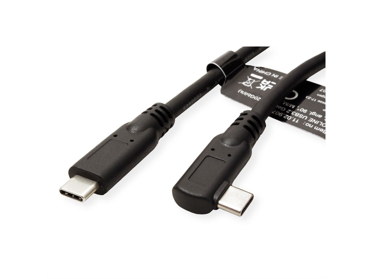 ROLINE USB 3.2 Gen 2x2 Cable, PD (Power Delivery) 20V5A, with Emark, C-C, M/M, 1x 90° angled, 20 Gbit/s, black, 1 m