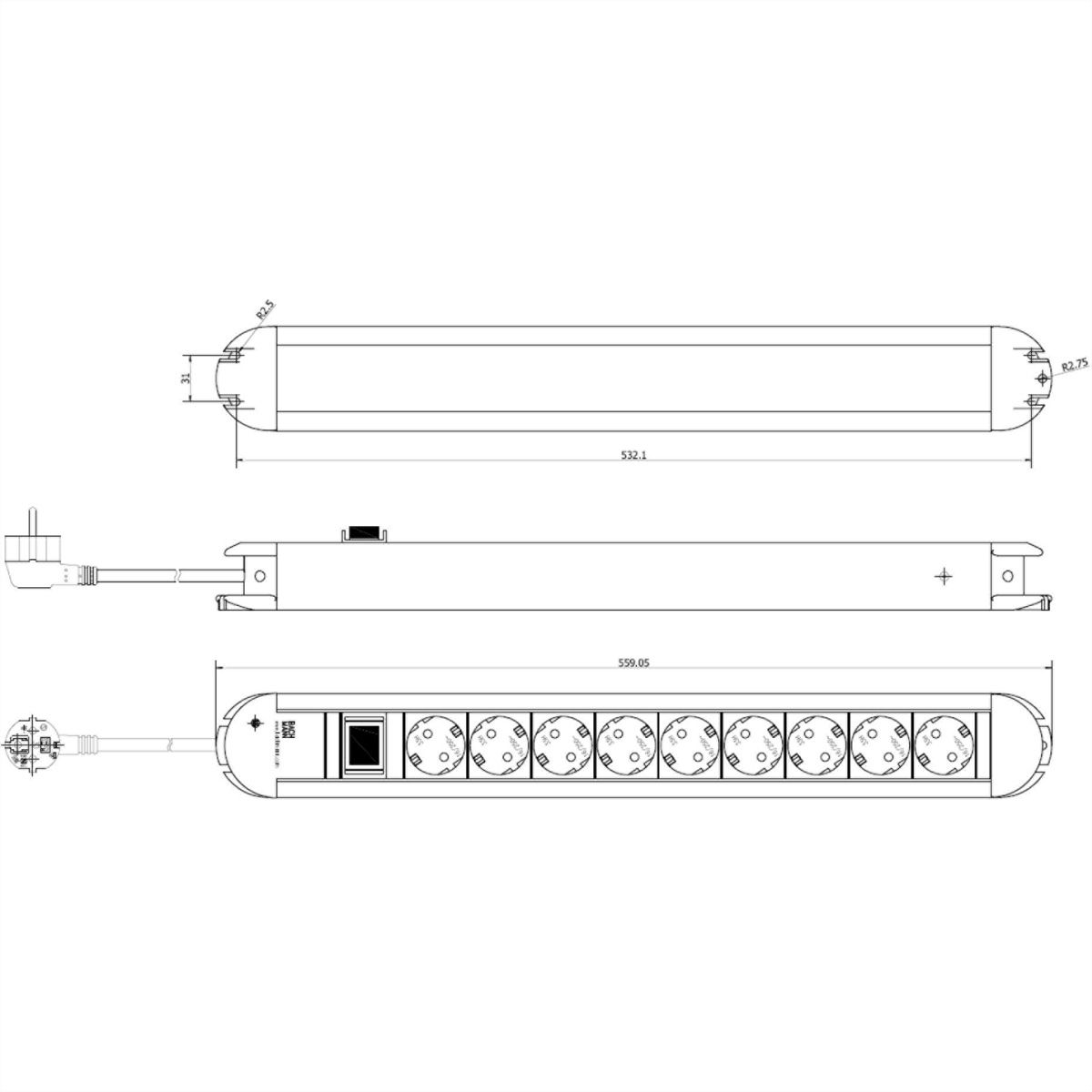 BACHMANN PRIMO socket strip 9x earthing contact, aluminium, with switch, 1.75 m