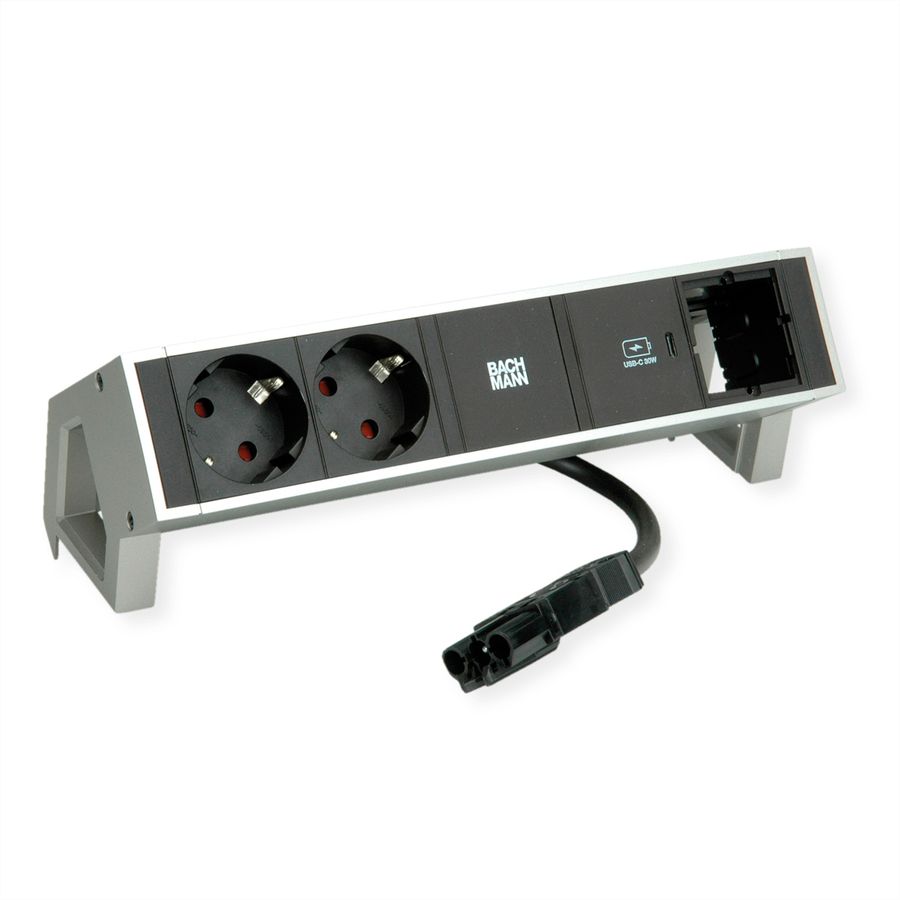 BACHMANN DESK2 2xbeschermend contact USB C, USB Lader 30W 1xABD 0,2m GST18 INOX