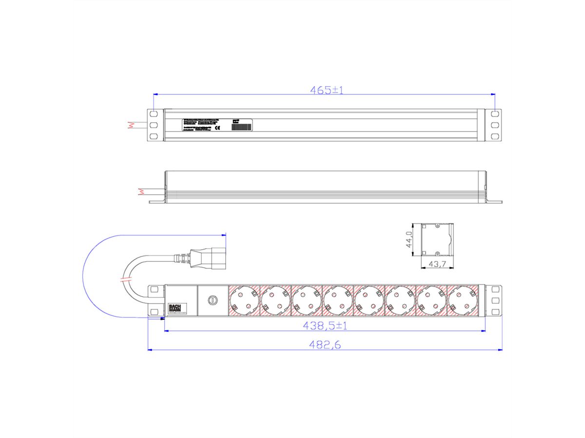 BACHMANN 19" stekkerdoos 8-voudig, 2300W, IEC320 C14 stekker