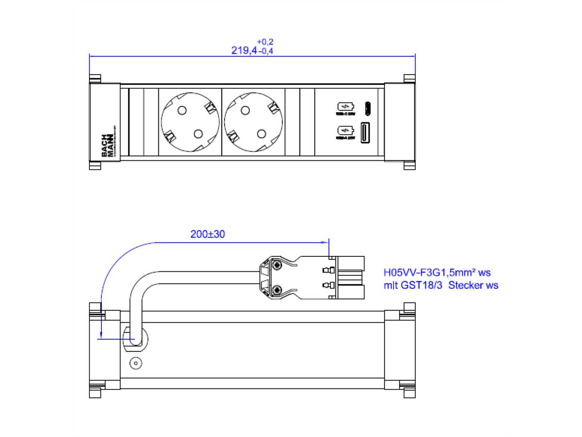 BACHMANN POWER FRAME 2xCEE7/3 1xUSB A/C 22W 0.2m GST18