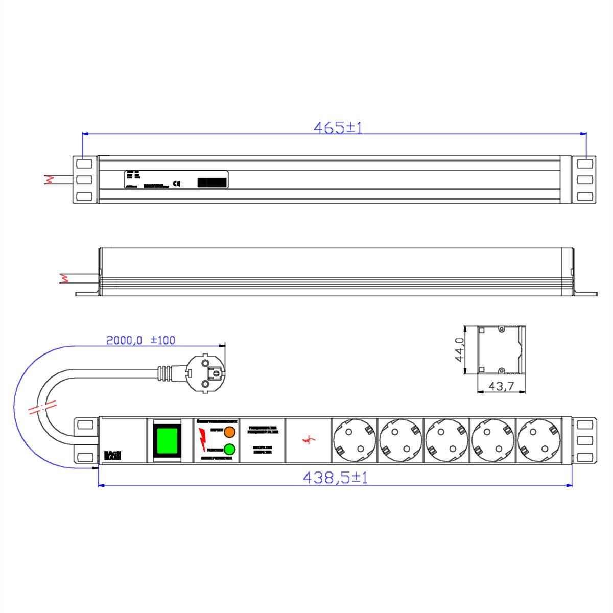 BACHMANN 19" socket strip 5-way with GVS with switch
