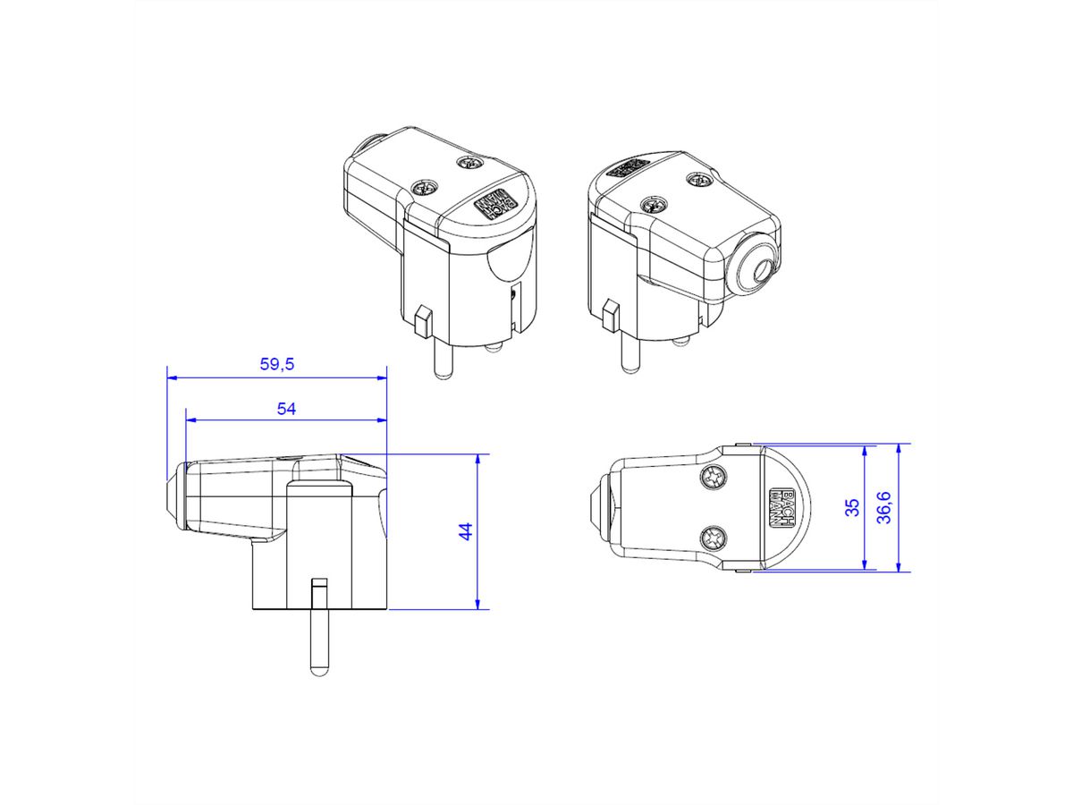 BACHMANN Angled mounting plug black, CEE 7/7 2-pole with earthing contact