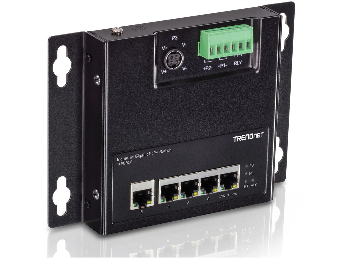 TRENDnet TI-PG50F 5-Port Industrial PoE+ Gigabit Front Access Switch, wandmontierbar