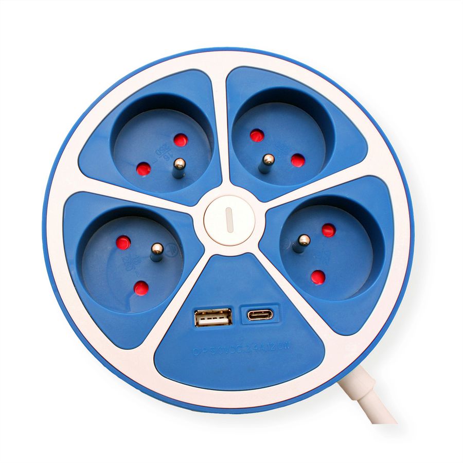 ROLINE 4-voudige stekkerdoos met schakelaar, rond, UTE-uitvoering, blauw, 3 m