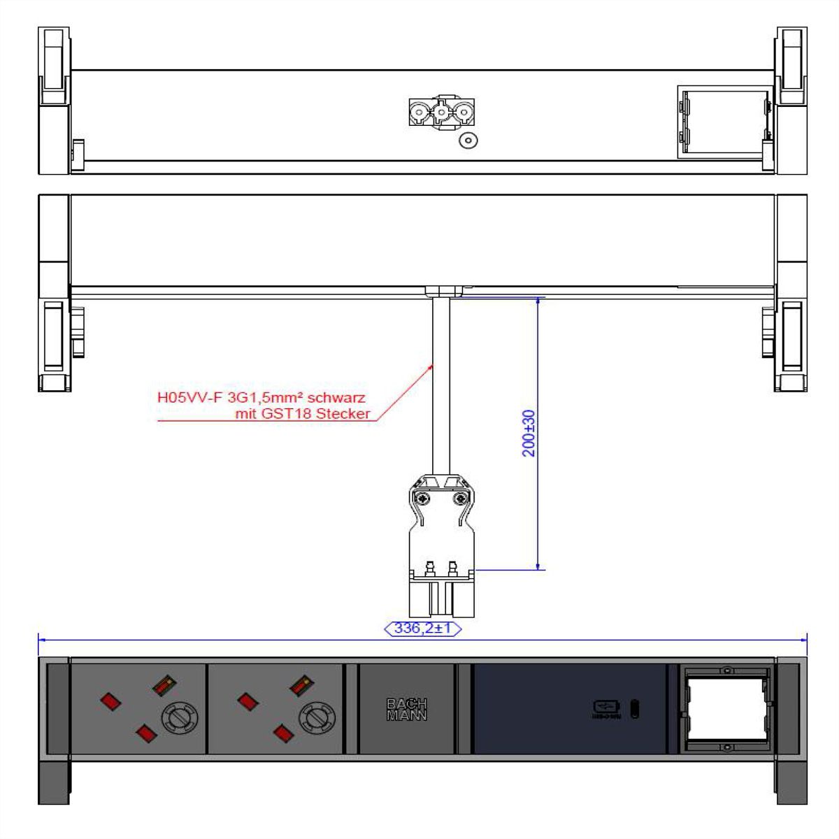 BACHMANN DESK2 2xUK 1xUSB C 60W 1xCM, 0,2m GST18 RAL9010, Verenigd Koninkrijk
