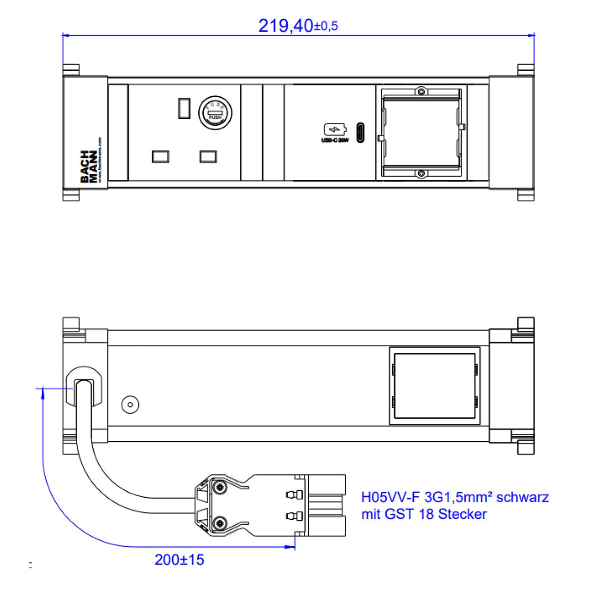 BACHMANN POWER FRAME S 1xUK 1xUSB C 30W, 1xCM 0.2m GST18 United Kingdom