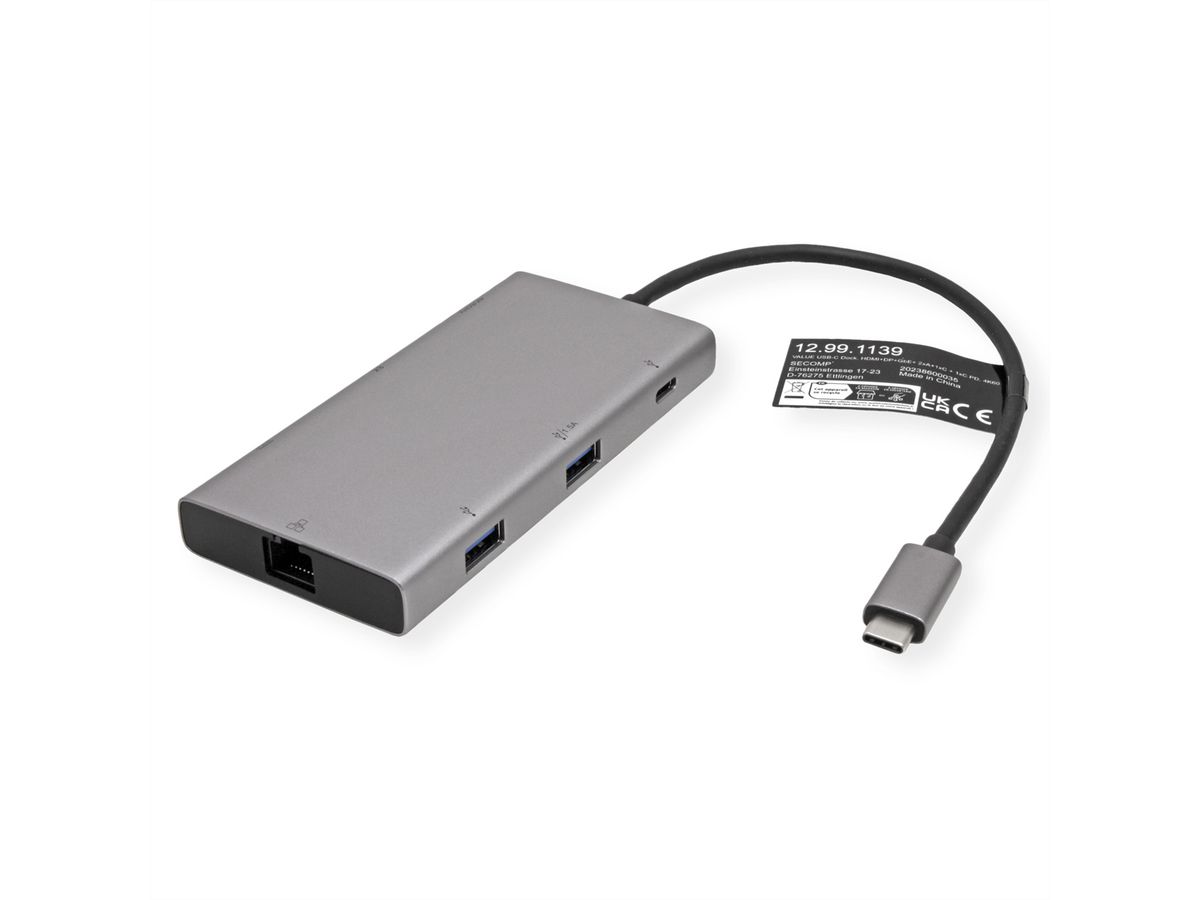 VALUE USB Type C Docking Station, HDMI+DP 4K60, 3x US3.2Gen1 (1x C + 2x A), 1x PD, 1x RJ45