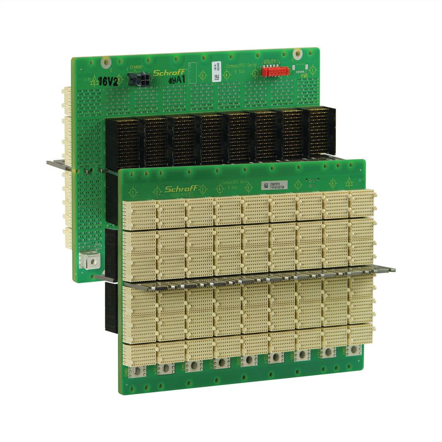 SCHROFF CPCI seriële backplane, 3 HE, 9 sleuven, systeemsleuf rechts, enkele ster, met RIO