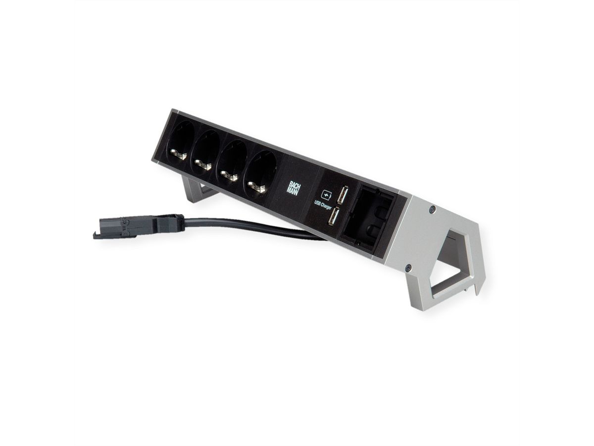 BACHMANN DESK2 4x Schutzkontakt 1x USB-Charger, Aluminium