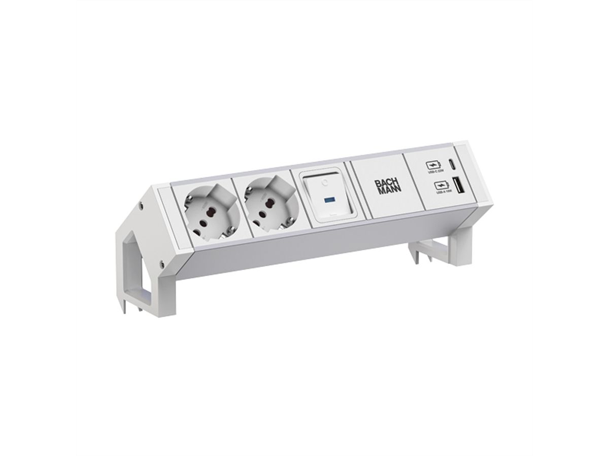 BACHMANN DESK2 ALU WHITE 2xP40 1xUSB A/C 22W 1xswitch 0.2m