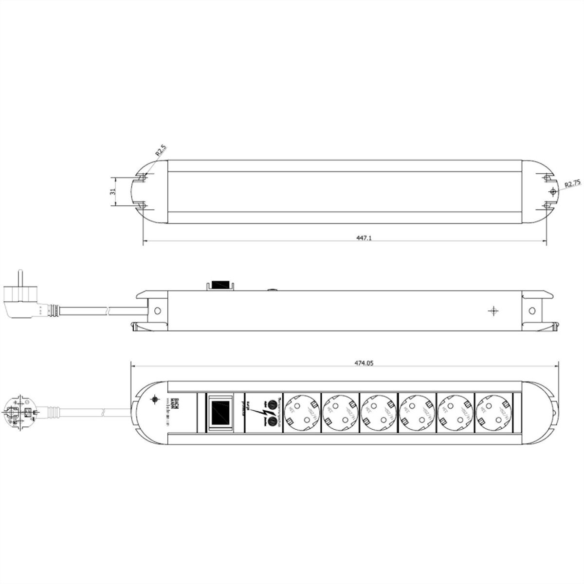 BACHMANN PRIMO stekkerdoos 6x geaard contact, overspanningsbeveiliging, aluminium, met schakelaar, 1,75 m