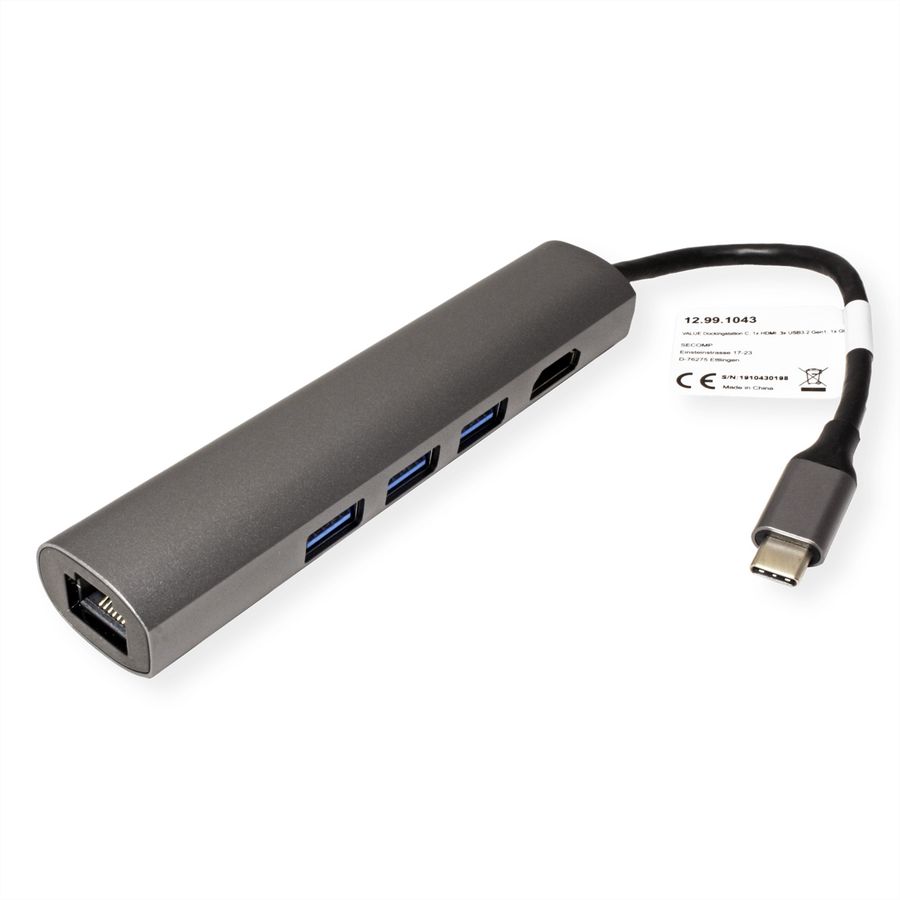 VALUE USB-C dockingstation, HDMI 4K, 3x USB type A, Gigabit Ethernet, grijs