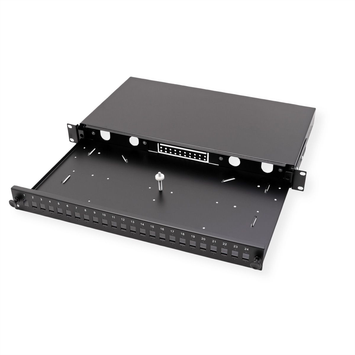 VALUE 19" glasvezel patchbox, leeg 1 HE, uittrekbaar, geschikt voor 24x SC-DX of 24x LC 4-voudig