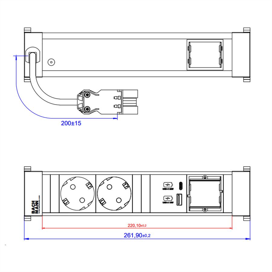 BACHMANN POWER FRAME M 2xCEE7/3, 1xUSB A&C 22W 1xCM 0.2m GST18