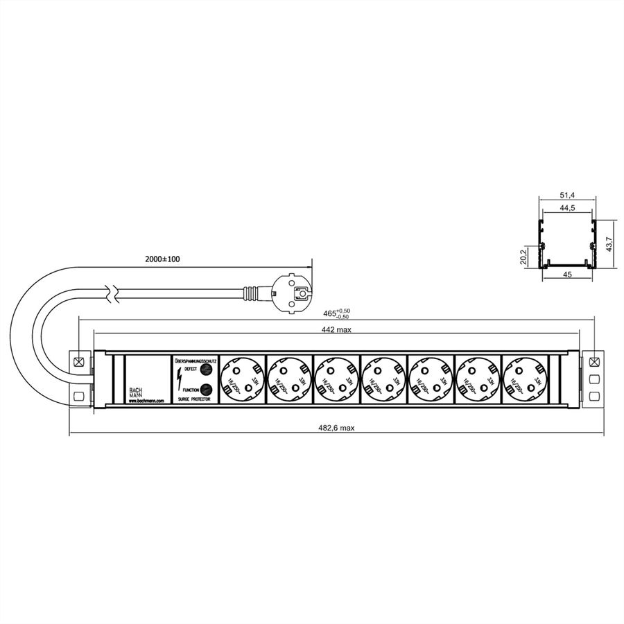 BACHMANN 19" 1.5U 7xCEE7/3 ws 1xSPD power 2.0m CEE7/7