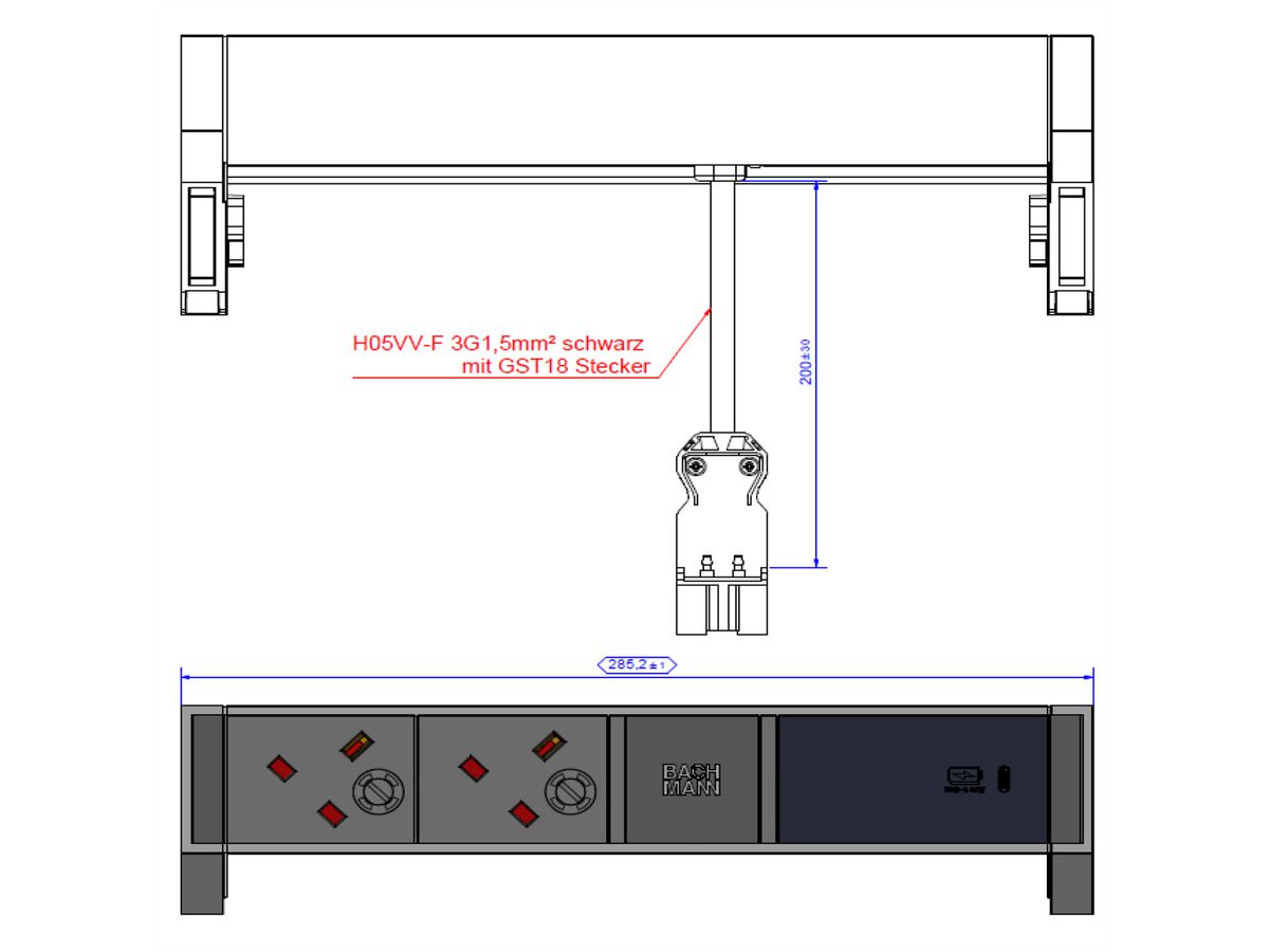 BACHMANN DESK2 2xUK 1xUSB C 60W, 0,2m GST18 INOX Verenigd Koninkrijk