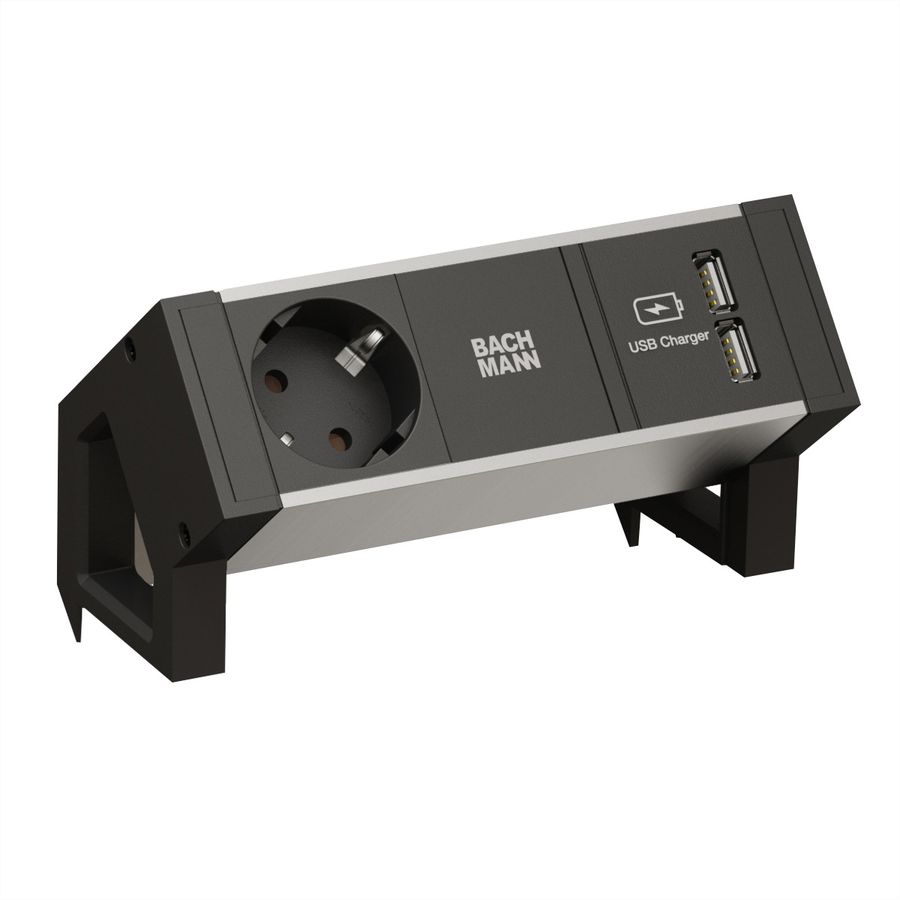 BACHMANN DESK2 ALU BLACK 1x earthing contact 1x USB-Charger GST18