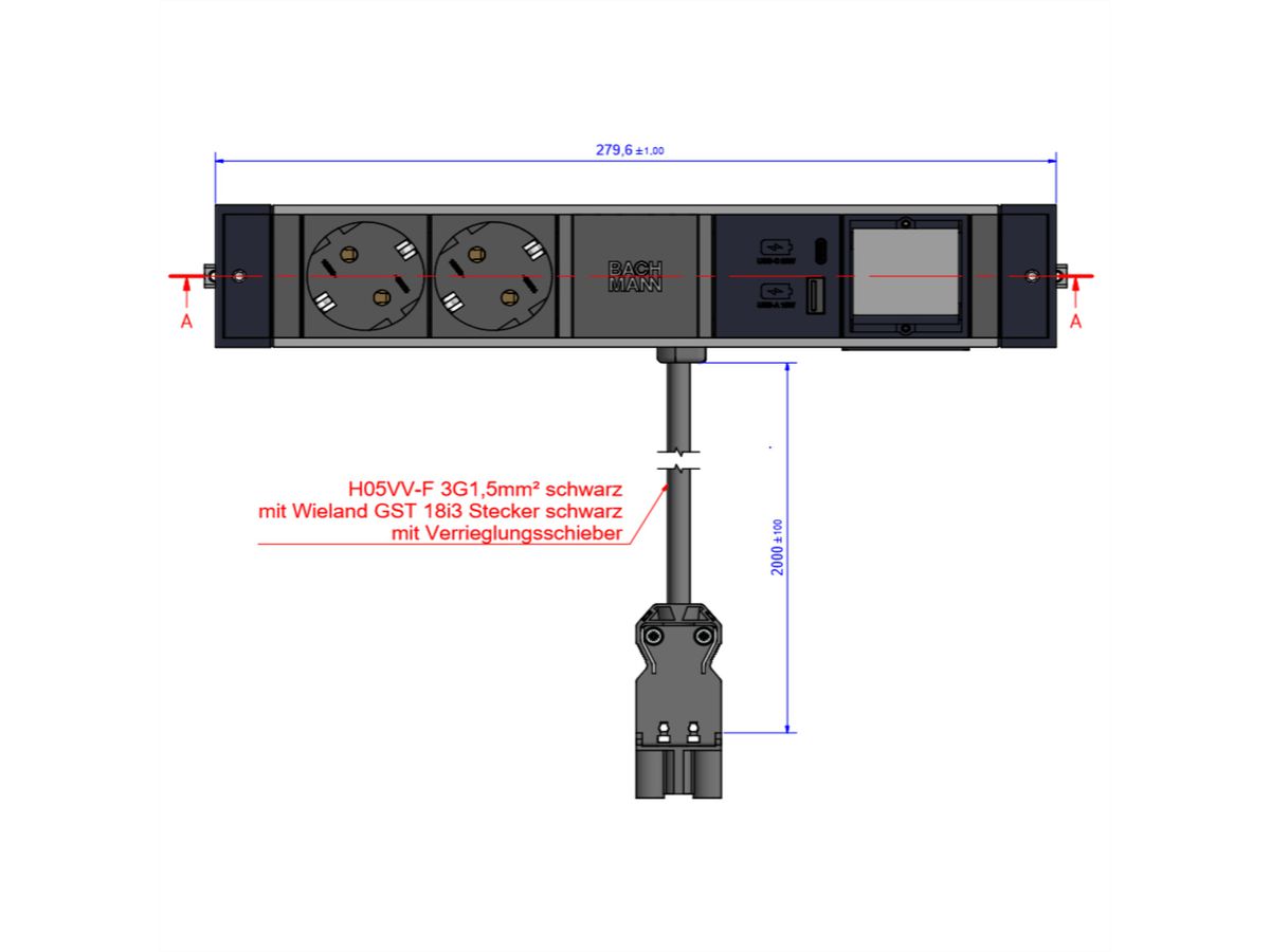 BACHMANN DESK RAIL 2xprotective contact USB A&C, USB Charger 22W 1xABD 2.0m GST18