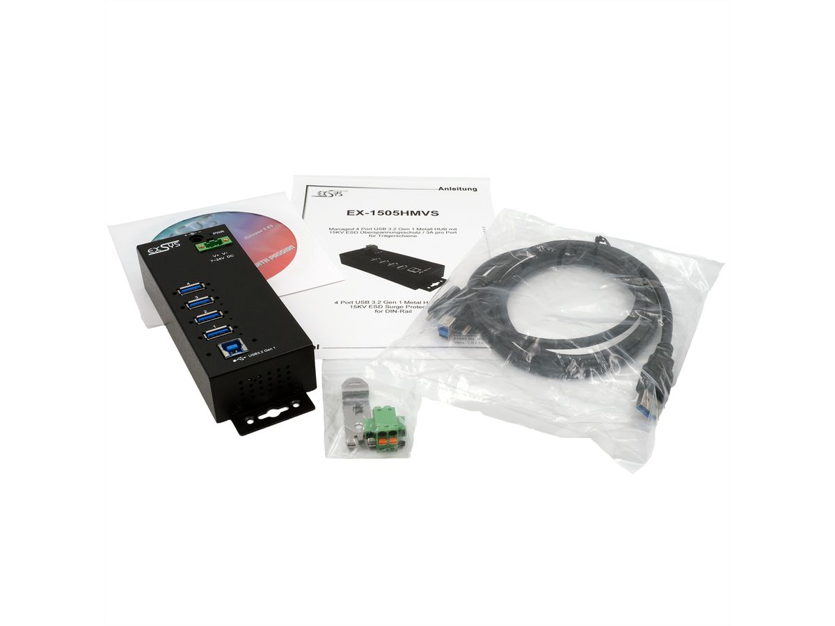 EXSYS EX-1505HMVS 4-Port USB 3.2 Gen 1 Metall Hub mit 3.0A Strom an 4 Ports