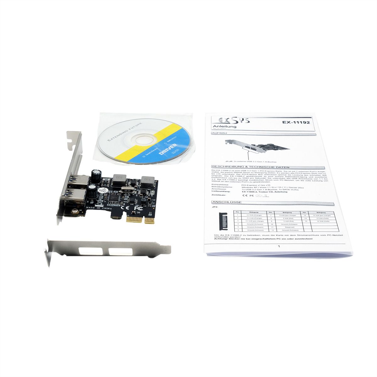 EXSYS EX-11192 2-Port USB 3.2 Gen 1 PCIe Karte mit Self Power