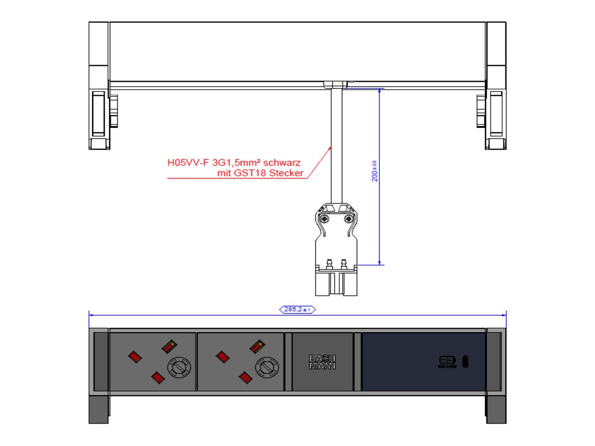 BACHMANN DESK2 ALU ZWART 2xUK, 1xUSBC 60W 0,2m GST18 Verenigd Koninkrijk (UK)