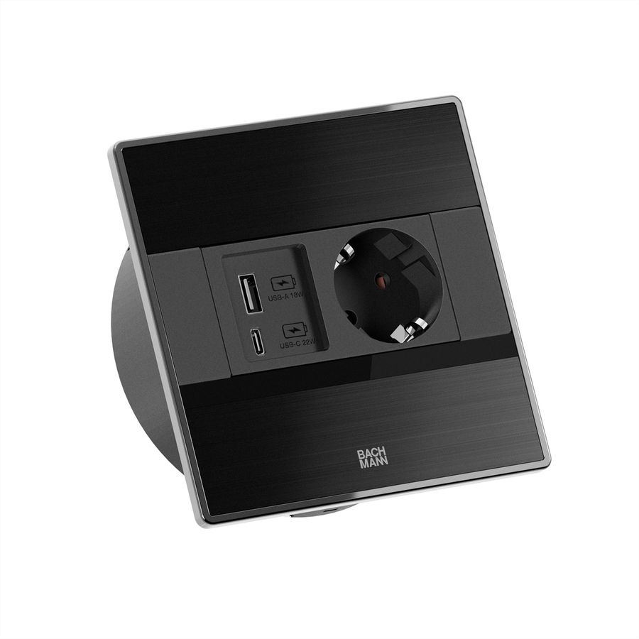 BACHMANN SENSE black 1x CEE7/3, 1x USB A/C L=2.0m AEH