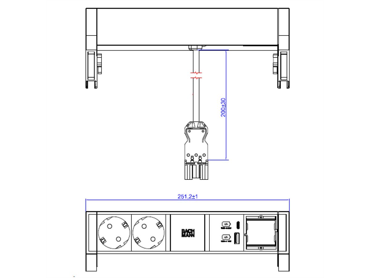 BACHMANN DESK2 wit 2xCEE7/3 1xCM 1xUSB A/C 22W 0,2m GST18