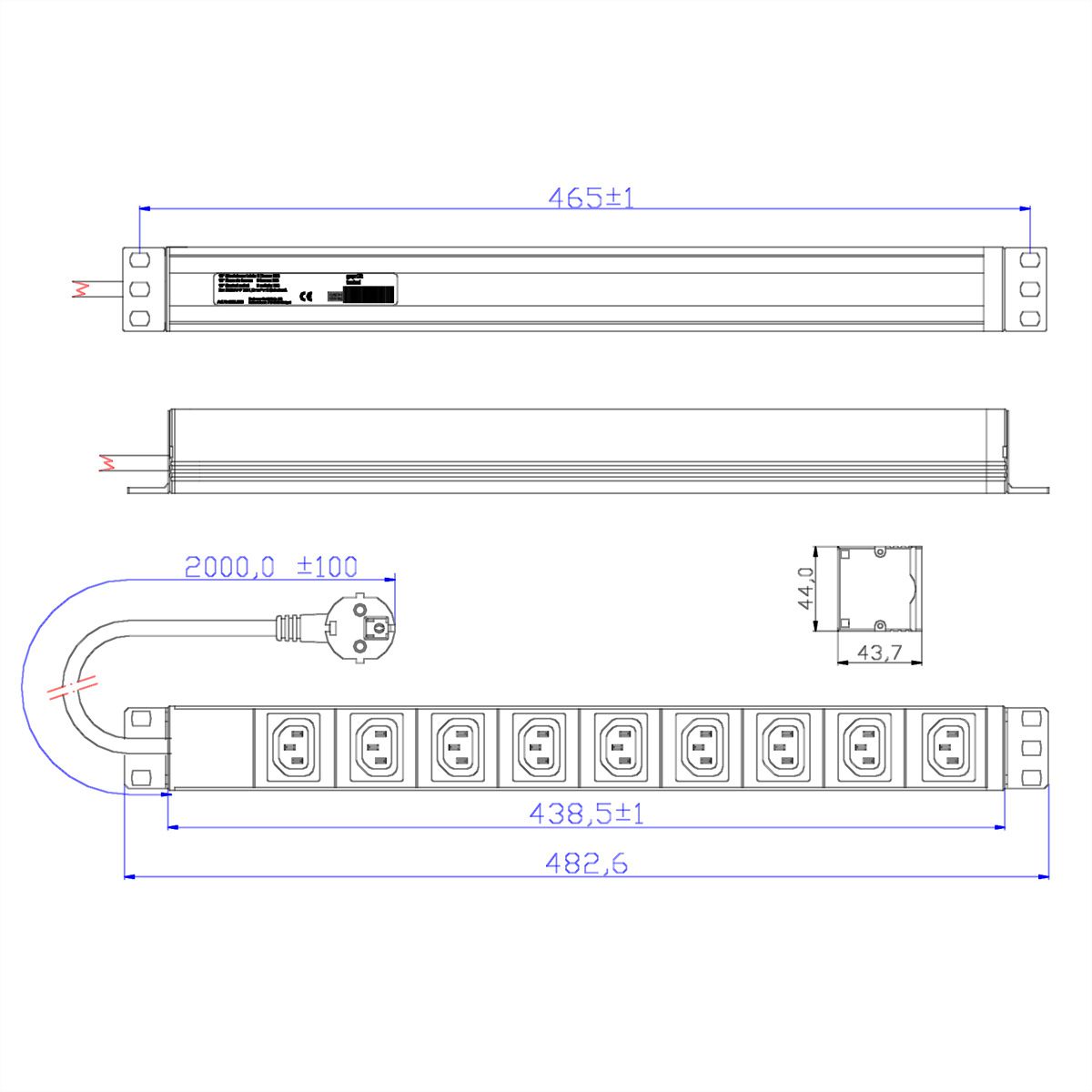 BACHMANN 19" socket strip with 9x C13 sockets, with earthing contact plug