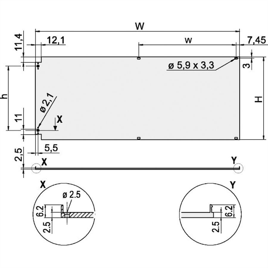 SCHROFF voorpaneel, afgeschermd, zijdelings scharnierend, 3 HE, 84 HP, 2,5 mm, Al, vooraan geanodiseerd, achteraan geleidend