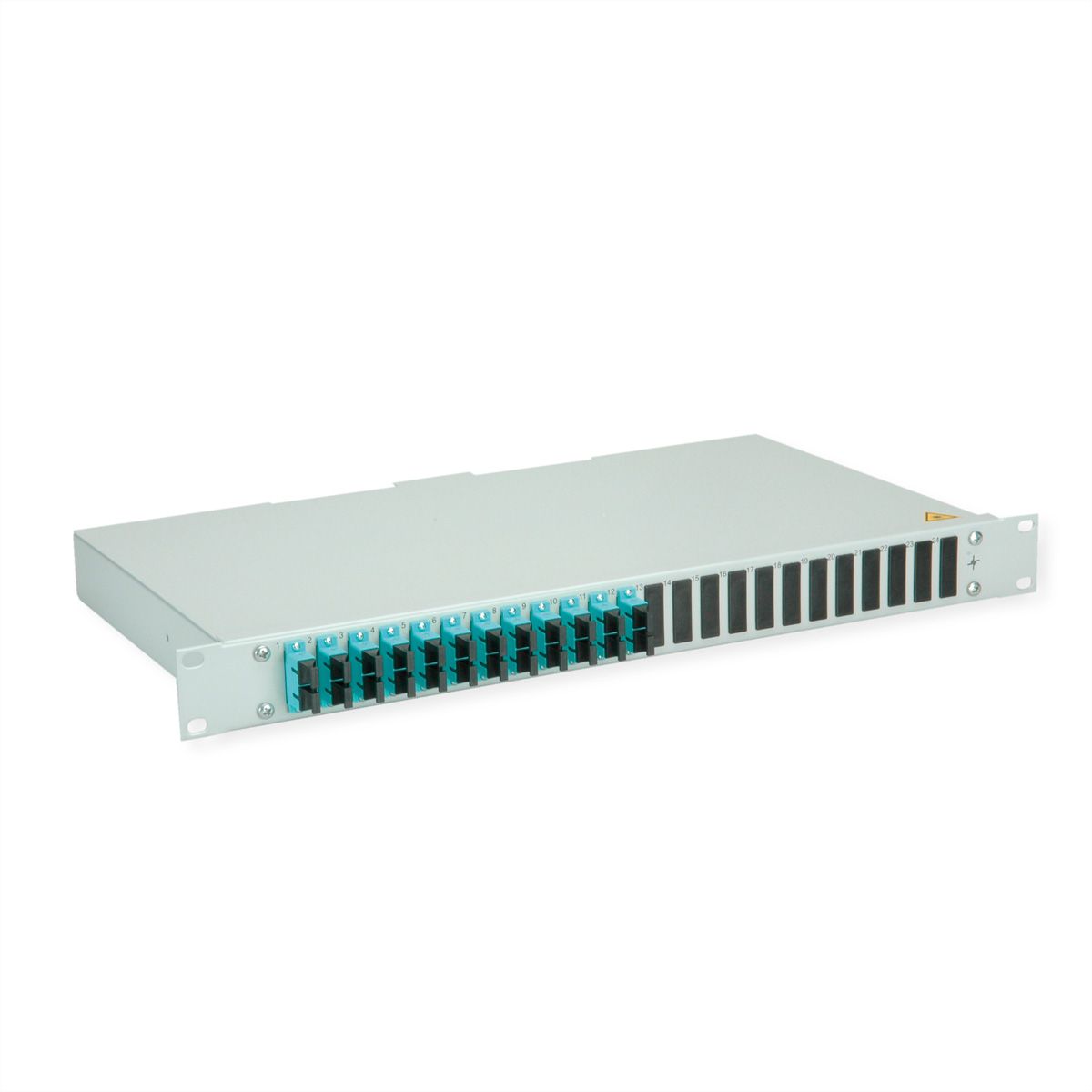 TELEGÄRTNER BASIS eco LWL-Panel mit Kupplungen & Pigtails, 12x SC Duplex, türkis, OM3, Grade C