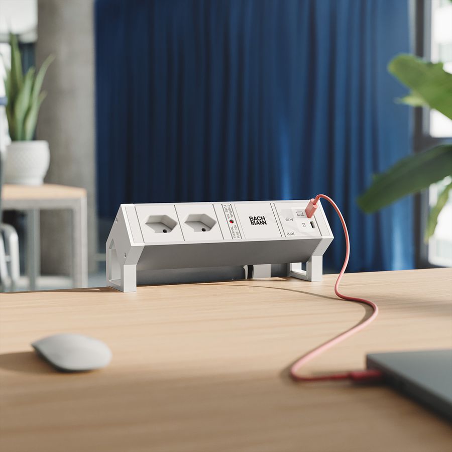 BACHMANN DESK2 ALU WHITE 2xCH 90°, 1xUSB C/C 65W L=0.2m RAL9010