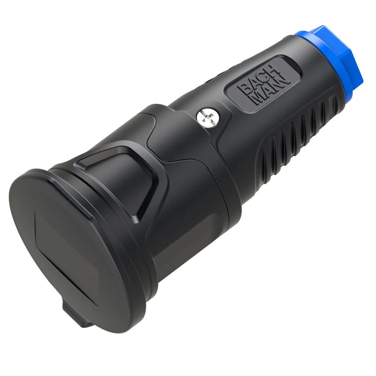 BACHMANN Schutzkontaktkupplung Vollgummi CEE7/3, Deckelband, IP54, schwarz / blau