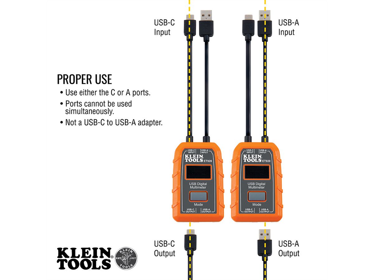 KLEIN TOOLS ET920 USB Digital Meter, USB-A and USB-C