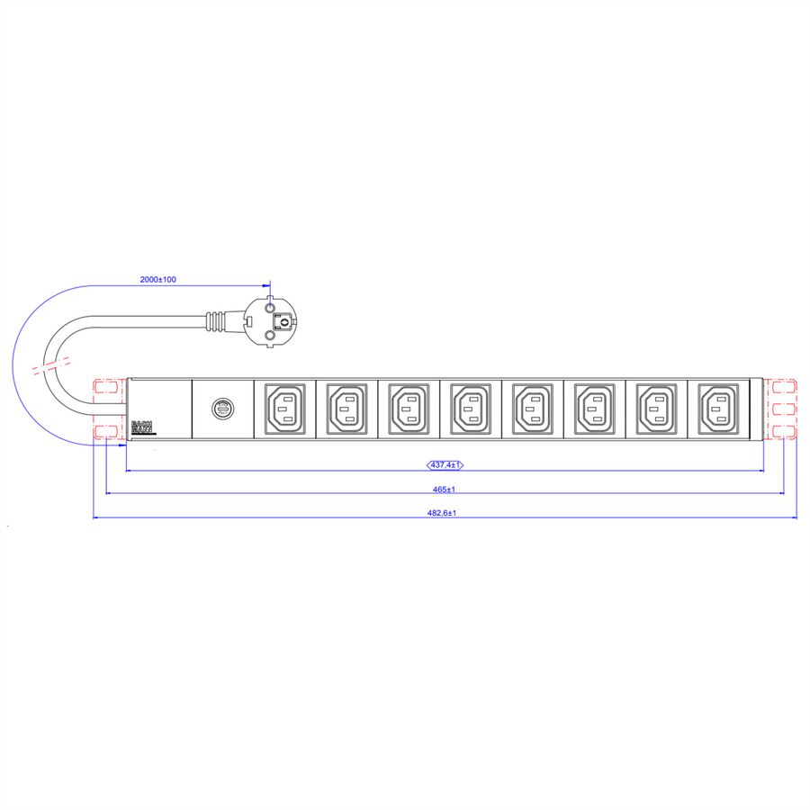 BACHMANN Stekkerdoos 19" 8x C13 connectoren, stroomkabel met geaarde stekker, zwart, 10A zekering