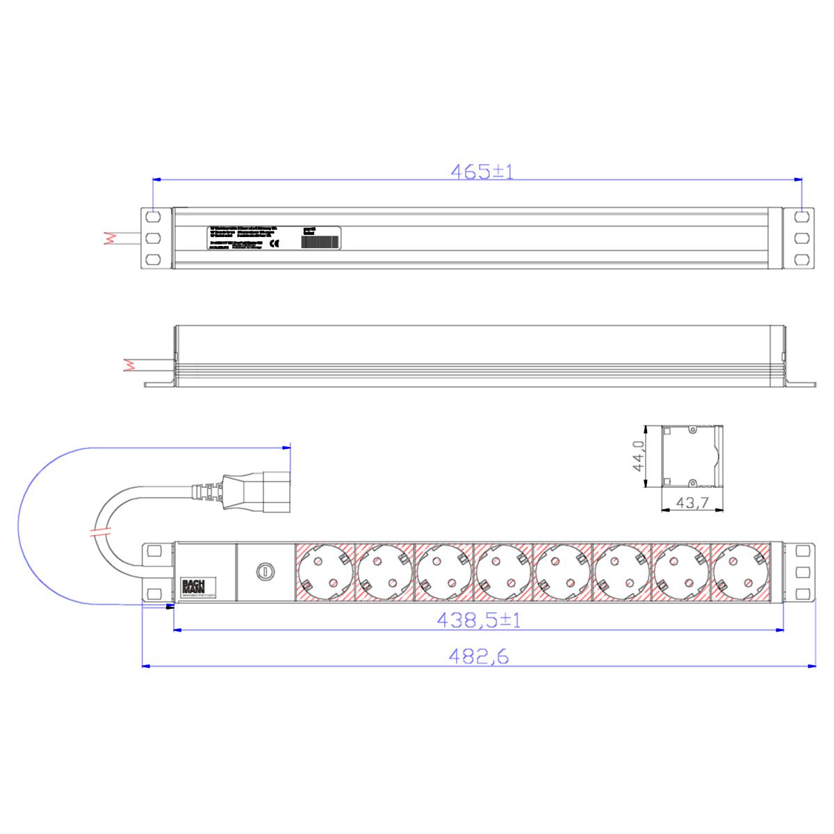 BACHMANN 19" stekkerdoos 8-voudig, 2300W, IEC320 C14 stekker