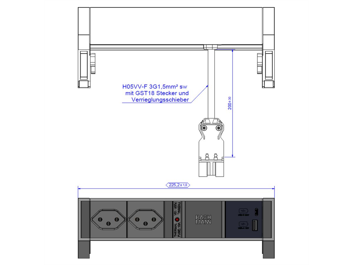 BACHMANN DESK2 ALU ZWART 2xCH T13, 1xUSB A&C 22W 0,2m GST18 Zwitserland