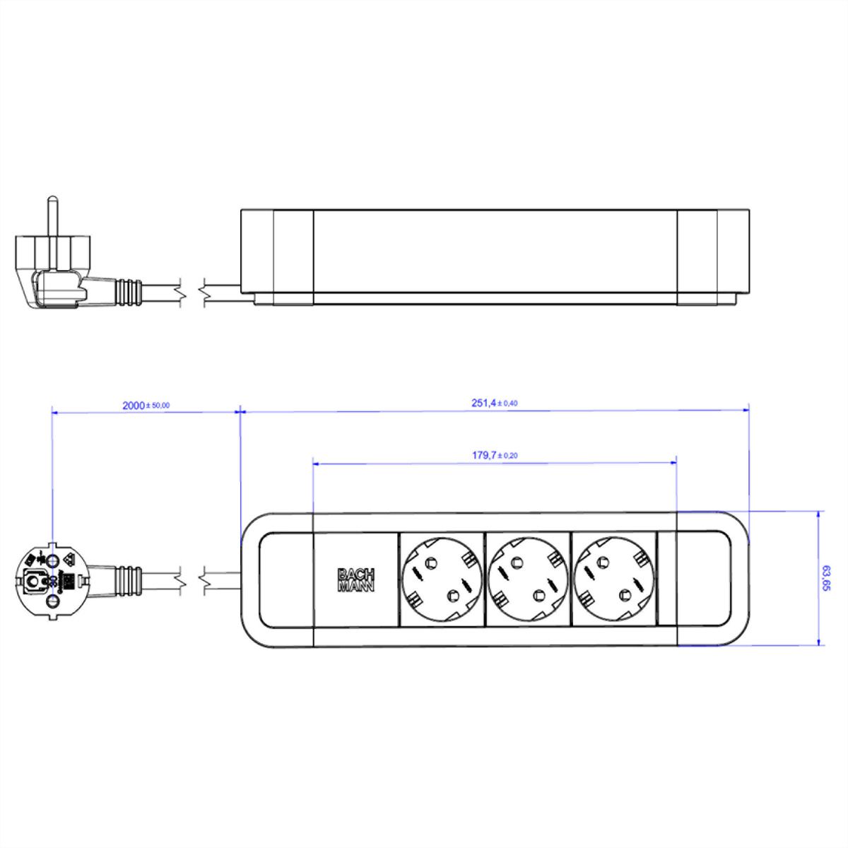 BACHMANN PRIMO2 socket strip 3x earthing contact, aluminium, black, 2 m
