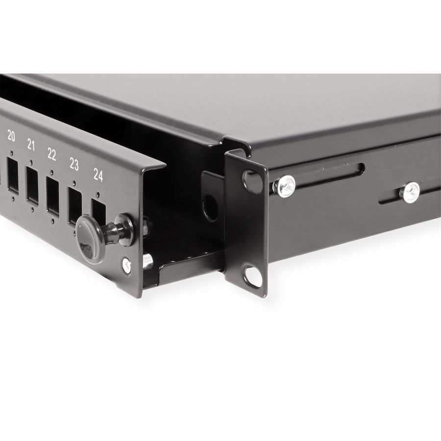 VALUE 19" glasvezel patchbox, leeg 1 HE, uittrekbaar, geschikt voor 24x SC-DX of 24x LC 4-voudig