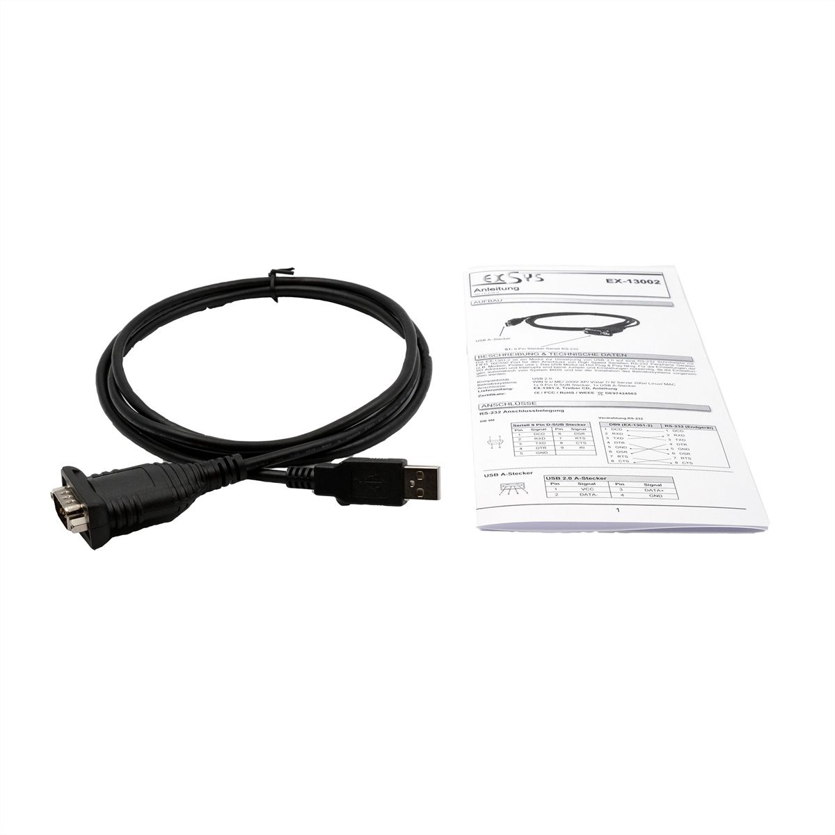 EXSYS EX-13002 USB 2.0 naar 1 x seriële RS-232-kabel met 9-pins connector Prolific Chip-Set