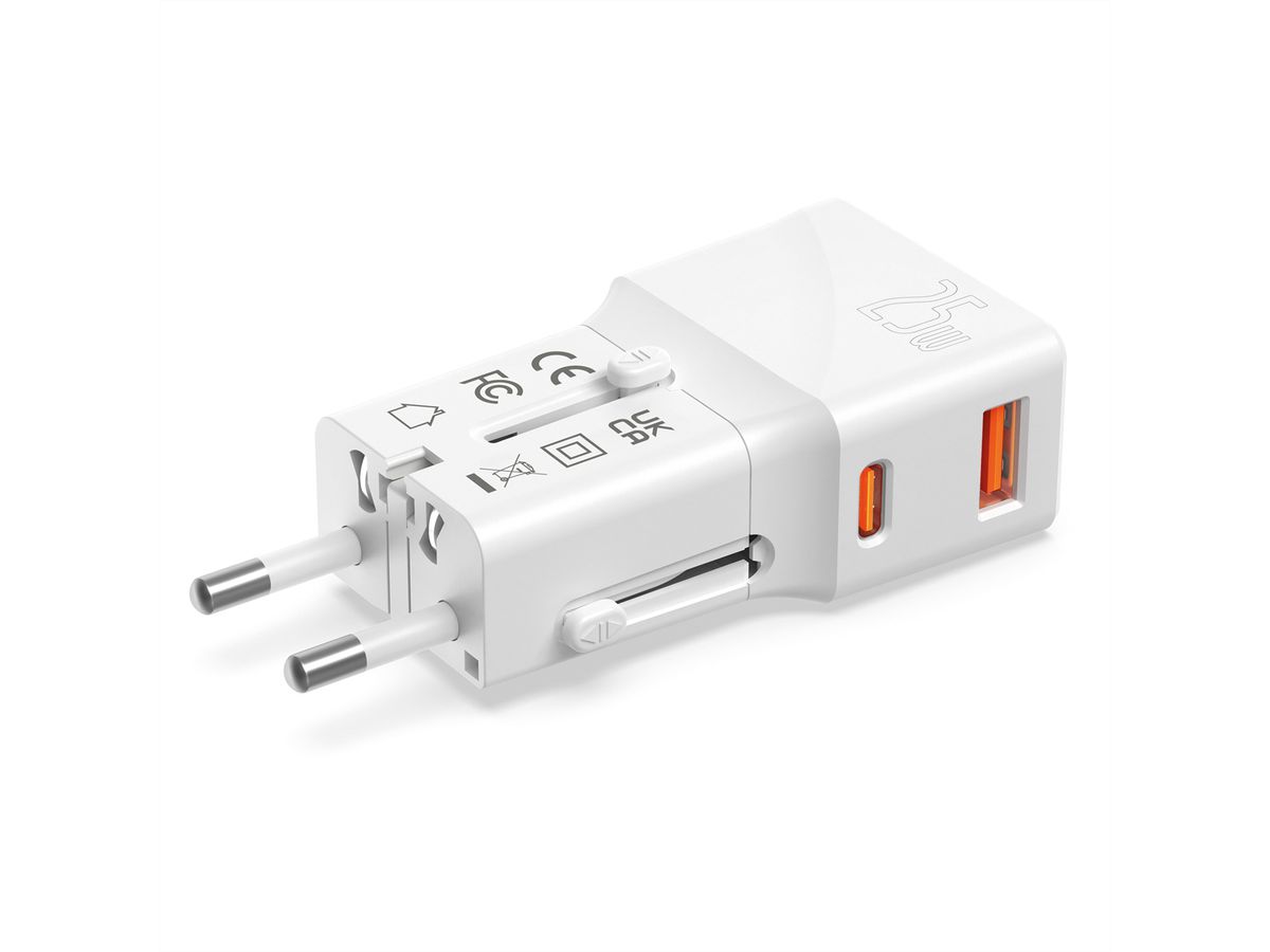 VALUE POCKET Travel Charger, EU/UK/US, 2x Ports (A+C), 25W
